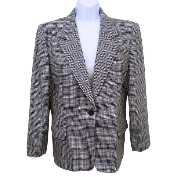 Vintage 90s Pendleton Blazer Wool Plaid Houndstooth -14P Single-Button BlackGrey - Picture 1 of 9